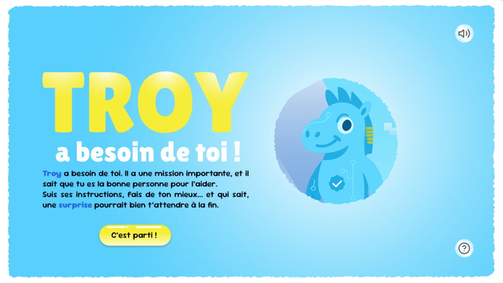 écran UI/UX maquette de dispositif pédagogique interactif : écran d'accueil